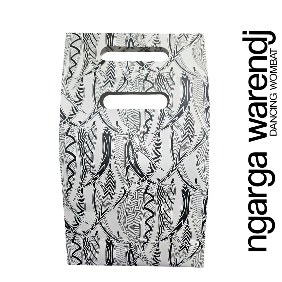 Black and white gum leaves patterned product packaging with 'ngarga ware' branding on a white backgroundd