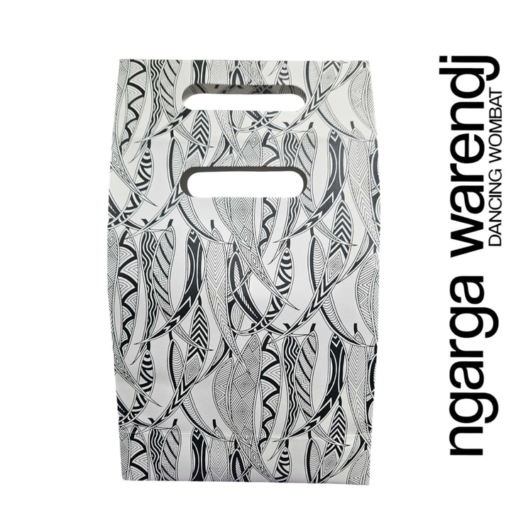 Black and white gum leaves patterned product packaging with 'ngarga ware' branding on a white backgroundd