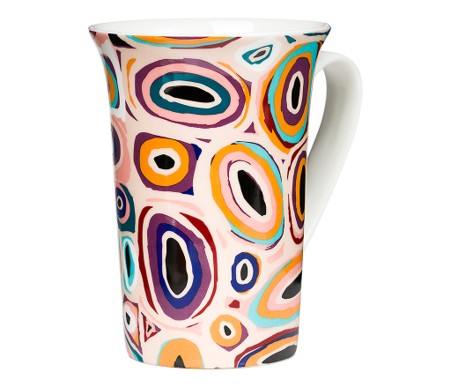 FINE BONE CHINA CERAMIC FLUTED MUG - ABORIGINAL ART BY ASSORTED ARTISTS