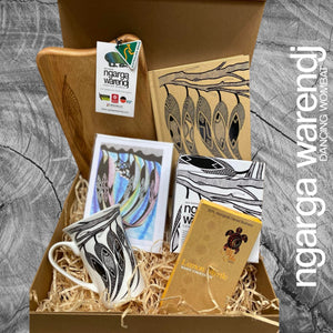 GUM LEAVES GIFT BOX HAMPER 1 - Rectangle Camphor Laurel Board - Gum Leaves Mug - Journal - Chocolate - Card