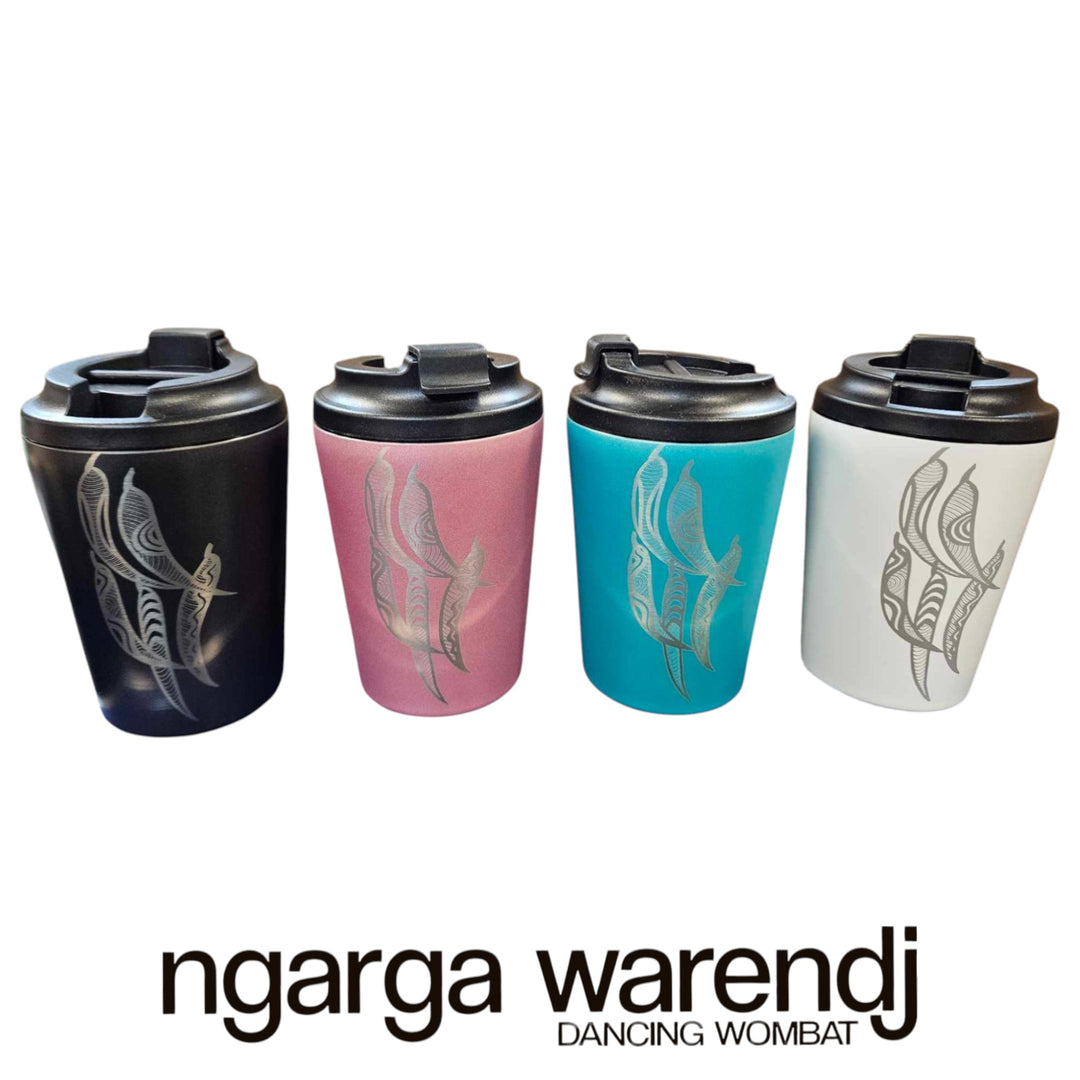 Four colorful tumblers with black lids and a brand name 'ngarga warendj' on a white background.