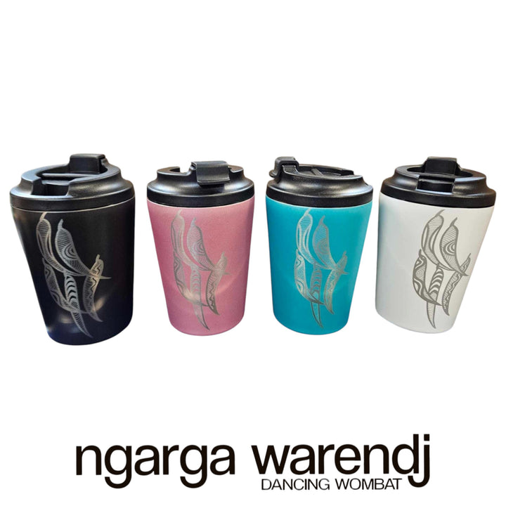 Four colorful tumblers with black lids and a brand name 'ngarga warendj' on a white background.