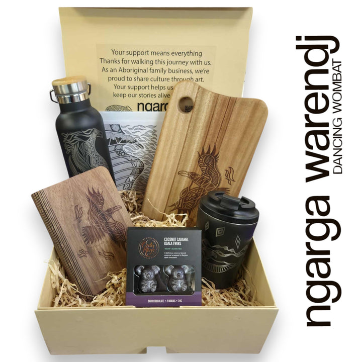 BUNJIL WEDGE TAILED EAGLE LARGE GIFT BOX HAMPER - Board - Stainless Steel Mug & Bottle - A6 Notebook - Chocolate - Card