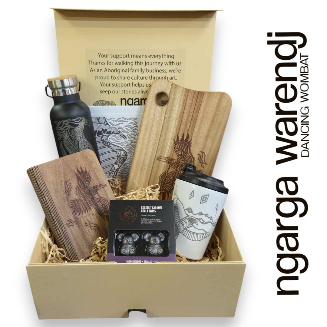 BUNJIL WEDGE TAILED EAGLE LARGE GIFT BOX HAMPER - Board - Stainless Steel Mug & Bottle - A6 Notebook - Chocolate - Card