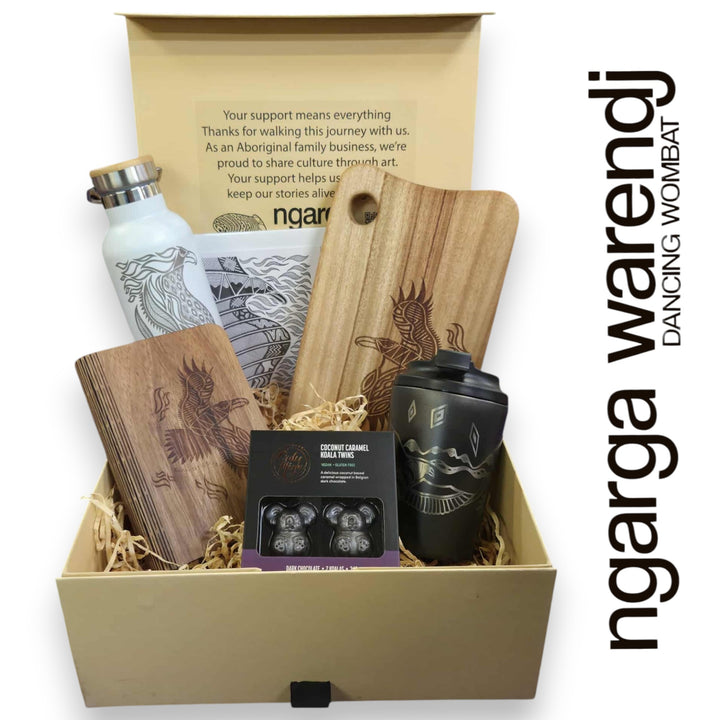 BUNJIL WEDGE TAILED EAGLE LARGE GIFT BOX HAMPER - Board - Stainless Steel Mug & Bottle - A6 Notebook - Chocolate - Card