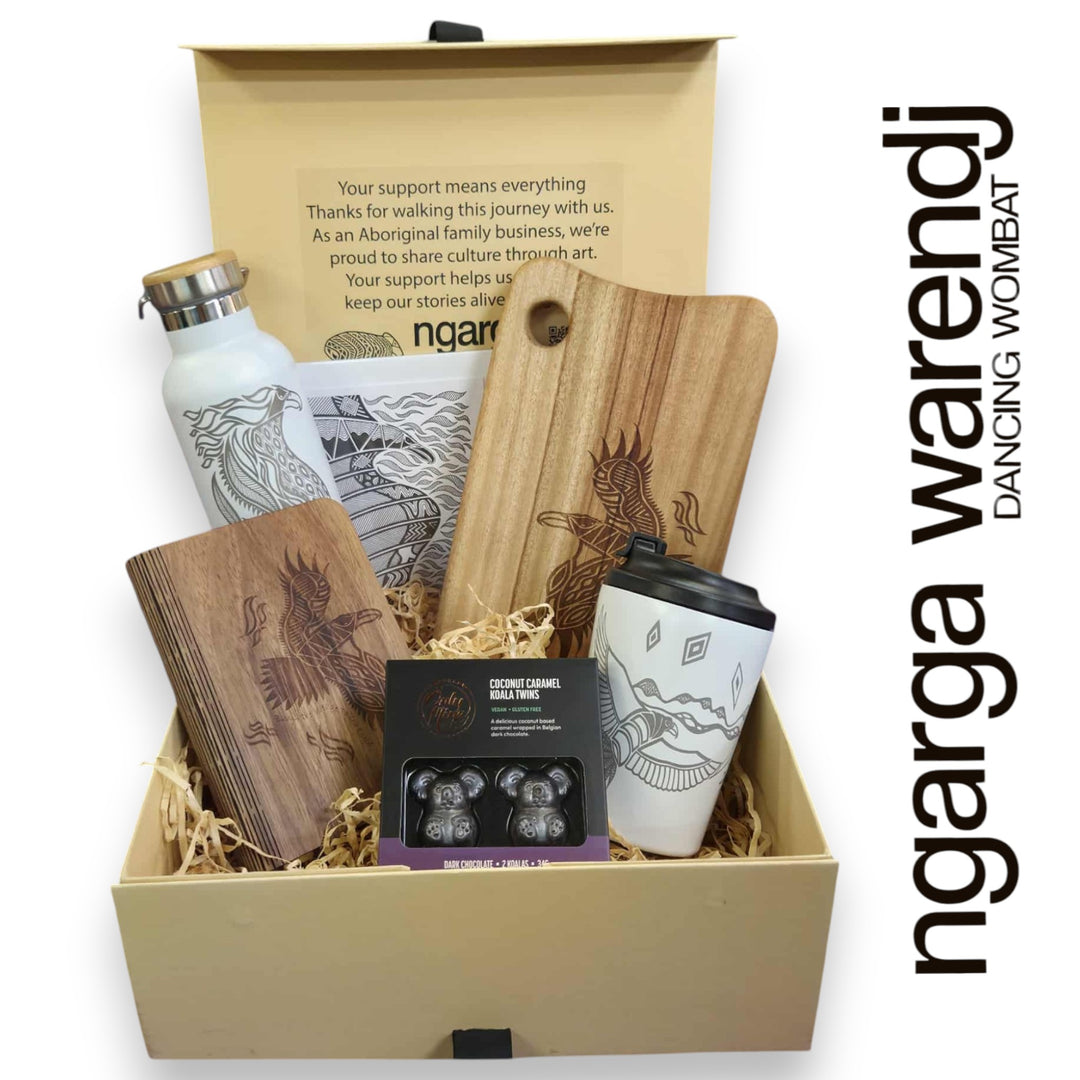 BUNJIL WEDGE TAILED EAGLE LARGE GIFT BOX HAMPER - Board - Stainless Steel Mug & Bottle - A6 Notebook - Chocolate - Card