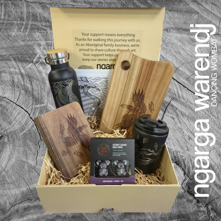 BUNJIL WEDGE TAILED EAGLE LARGE GIFT BOX HAMPER - Board - Stainless Steel Mug & Bottle - A6 Notebook - Chocolate - Card