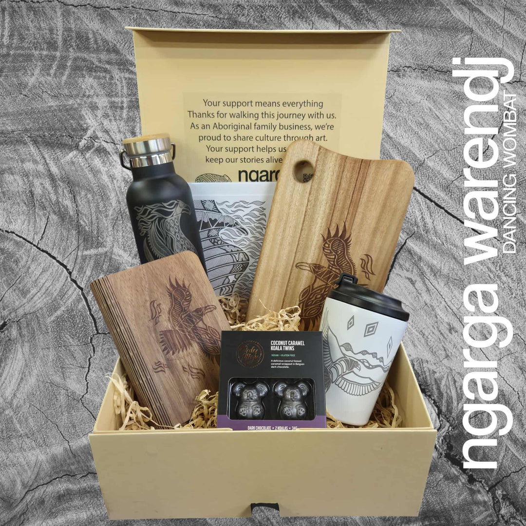 BUNJIL WEDGE TAILED EAGLE LARGE GIFT BOX HAMPER - Board - Stainless Steel Mug & Bottle - A6 Notebook - Chocolate - Card