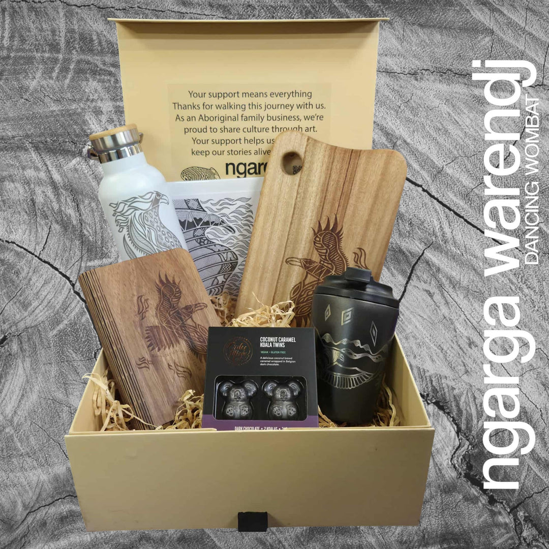 BUNJIL WEDGE TAILED EAGLE LARGE GIFT BOX HAMPER - Board - Stainless Steel Mug & Bottle - A6 Notebook - Chocolate - Card