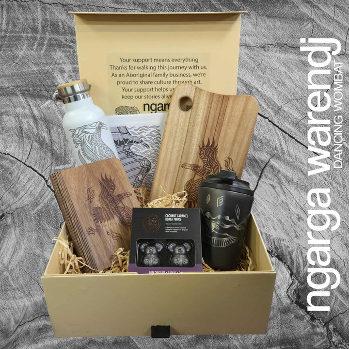 BUNJIL WEDGE TAILED EAGLE LARGE GIFT BOX HAMPER - Board - Stainless Steel Mug & Bottle - A6 Notebook - Chocolate - Card