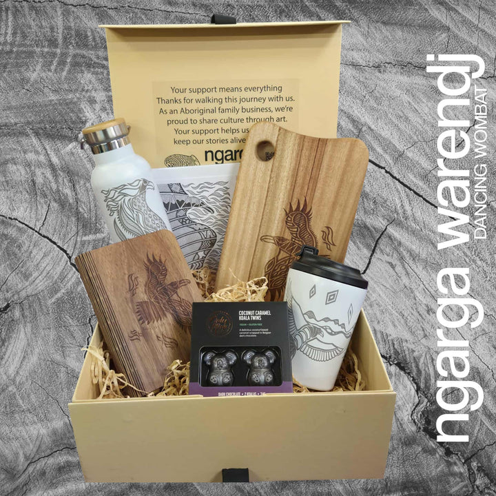 BUNJIL WEDGE TAILED EAGLE LARGE GIFT BOX HAMPER - Board - Stainless Steel Mug & Bottle - A6 Notebook - Chocolate - Card