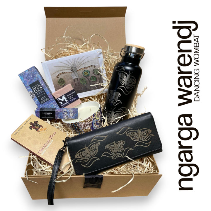 Ngarga Warendj Butterflies Gift Box Hamper - 3 PACK OPTIONS - SS Black Bottle, Candle, Ladies Purse, Lip Balm, Hand Cream, Soap, Chocolate & Card.