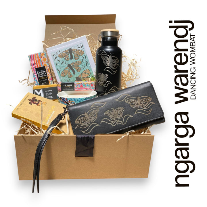 Ngarga Warendj Butterflies Gift Box Hamper - 3 PACK OPTIONS - SS Black Bottle, Candle, Ladies Purse, Lip Balm, Hand Cream, Soap, Chocolate & Card.