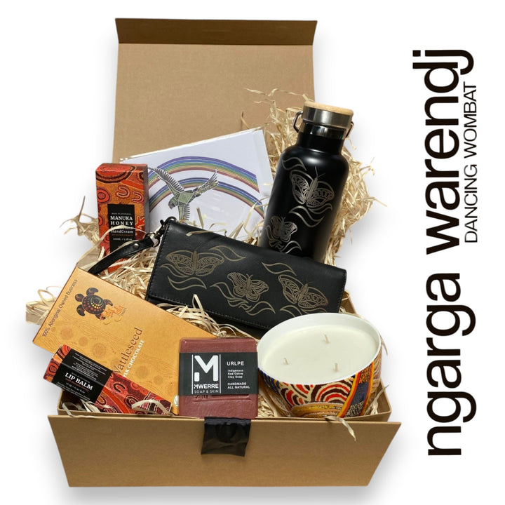 Ngarga Warendj Butterflies Gift Box Hamper - 3 PACK OPTIONS - SS Black Bottle, Candle, Ladies Purse, Lip Balm, Hand Cream, Soap, Chocolate & Card.