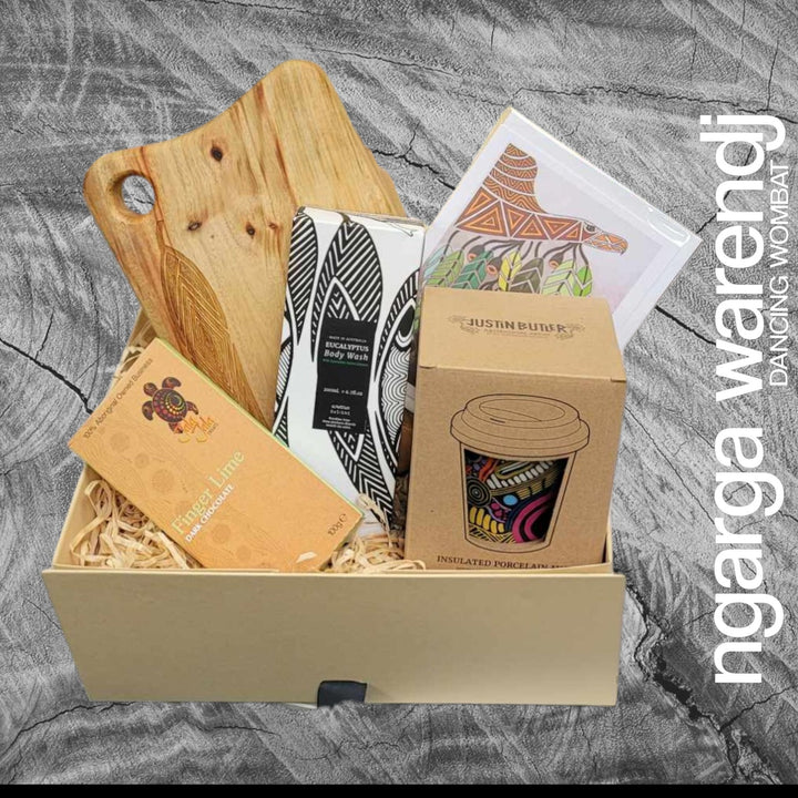 GUM LEAVES SMALL GIFT BOX HAMPER 2 - Rectangle Camphor Laurel Board - Keep Cup - Body Wash - Chocolate - Card