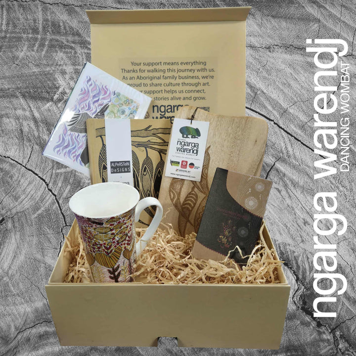 GUM LEAVES GIFT BOX HAMPER 1 - Rectangle Camphor Laurel Board - Gum Leaves Mug - Journal - Chocolate - Card