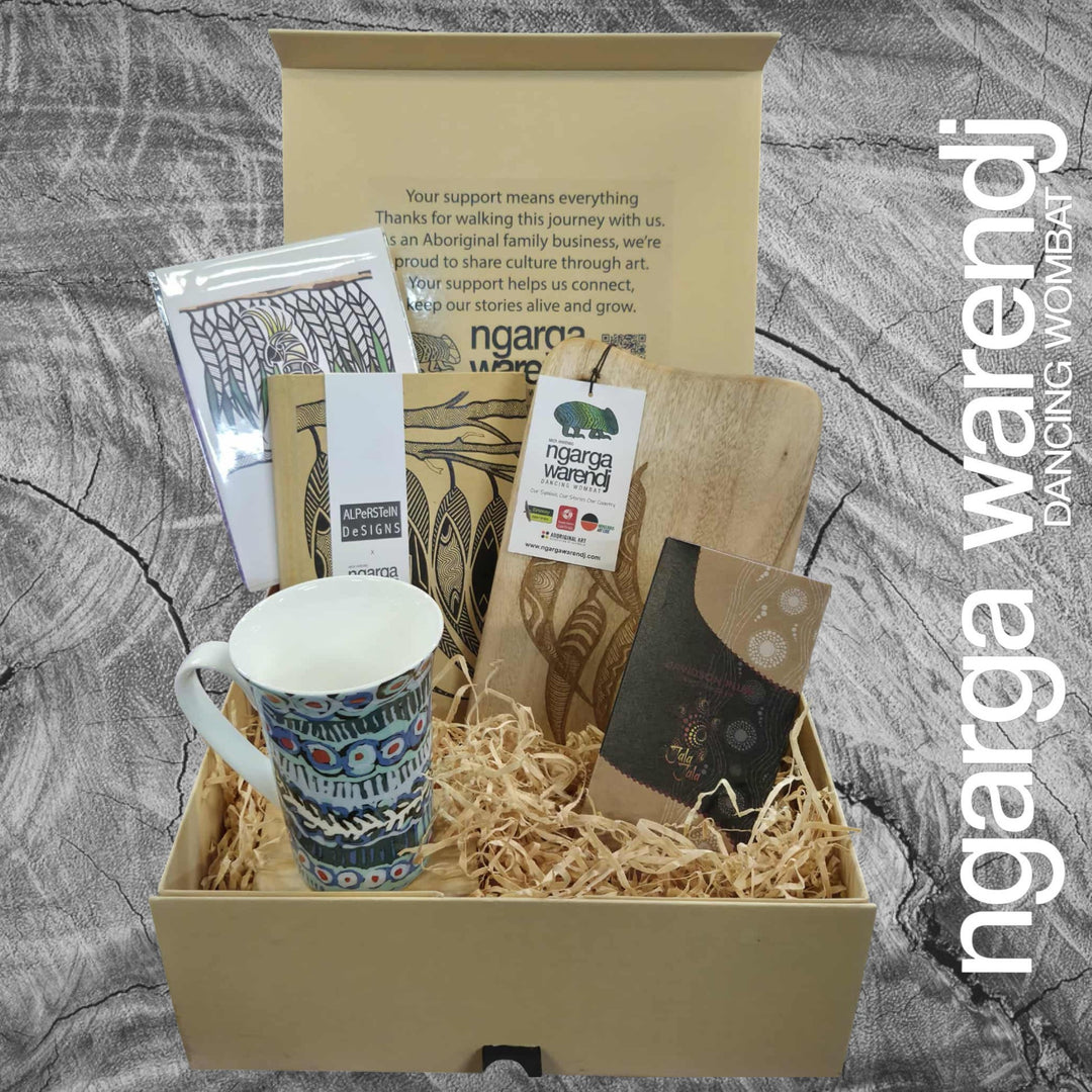 GUM LEAVES GIFT BOX HAMPER 1 - Rectangle Camphor Laurel Board - Gum Leaves Mug - Journal - Chocolate - Card