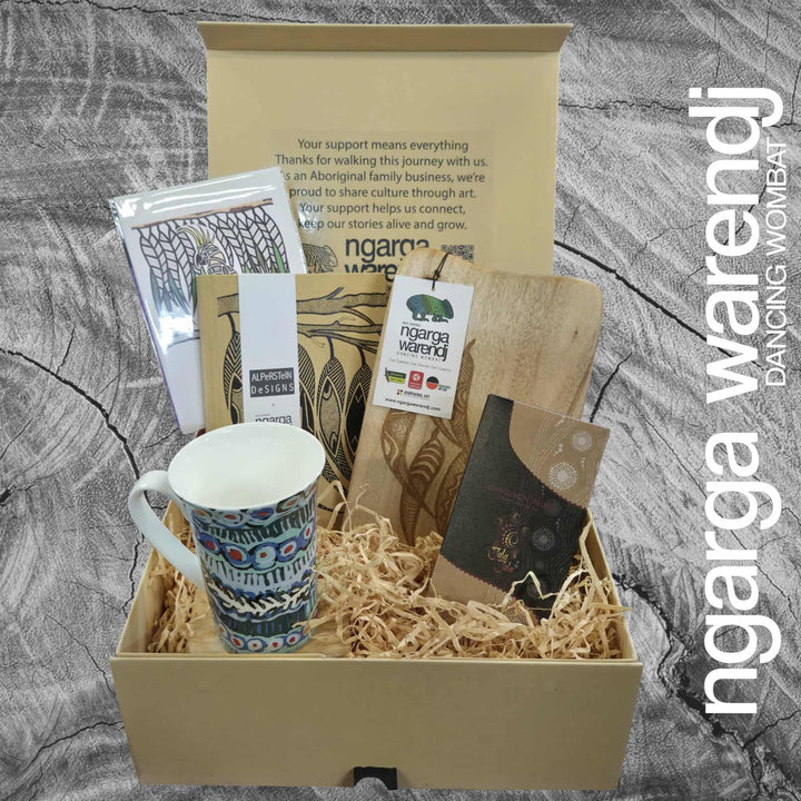 GUM LEAVES GIFT BOX HAMPER 1 - Rectangle Camphor Laurel Board - Gum Leaves Mug - Journal - Chocolate - Card