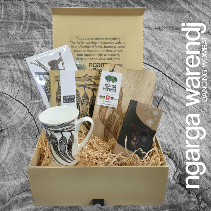 GUM LEAVES GIFT BOX HAMPER 1 - Rectangle Camphor Laurel Board - Gum Leaves Mug - Journal - Chocolate - Card