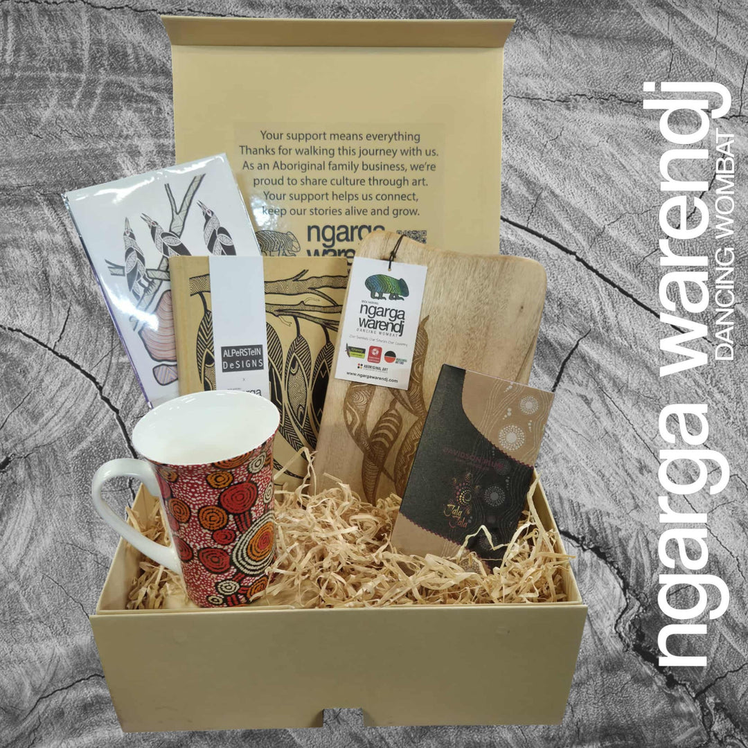 GUM LEAVES GIFT BOX HAMPER 1 - Rectangle Camphor Laurel Board - Gum Leaves Mug - Journal - Chocolate - Card