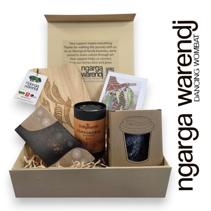 GUM LEAVES GIFT BOX HAMPER 2 - Rectangle Camphor Laurel Board - Keep Cup - Tea - Chocolate - Card
