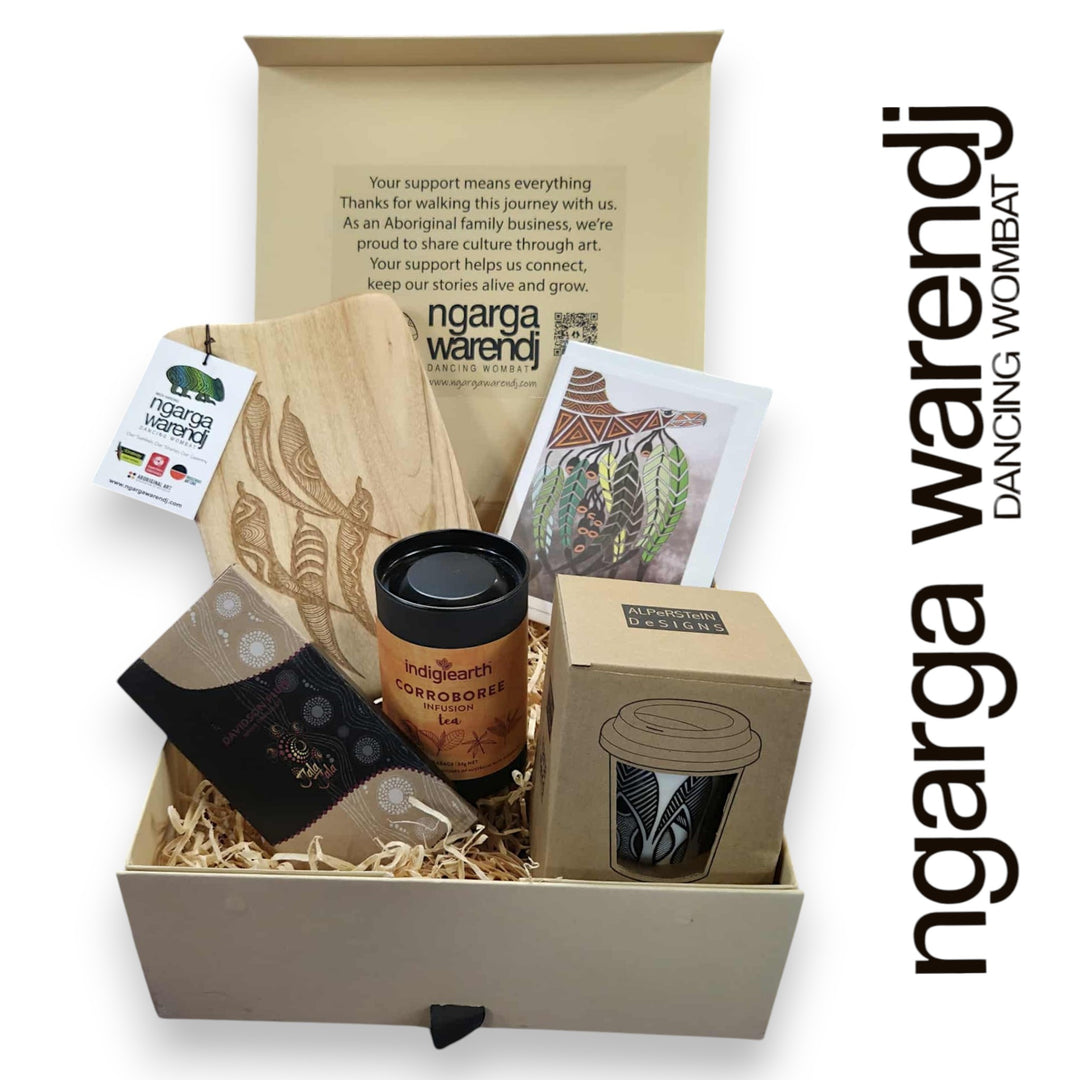 GUM LEAVES GIFT BOX HAMPER 2 - Rectangle Camphor Laurel Board - Keep Cup - Tea - Chocolate - Card