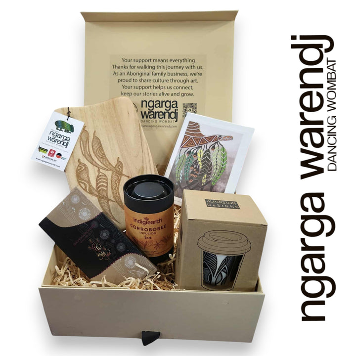 GUM LEAVES GIFT BOX HAMPER 2 - Rectangle Camphor Laurel Board - Keep Cup - Tea - Chocolate - Card