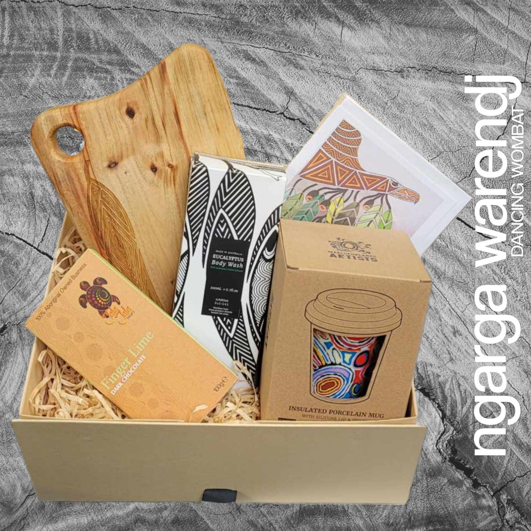 GUM LEAVES SMALL GIFT BOX HAMPER 2 - Rectangle Camphor Laurel Board - Keep Cup - Body Wash - Chocolate - Card