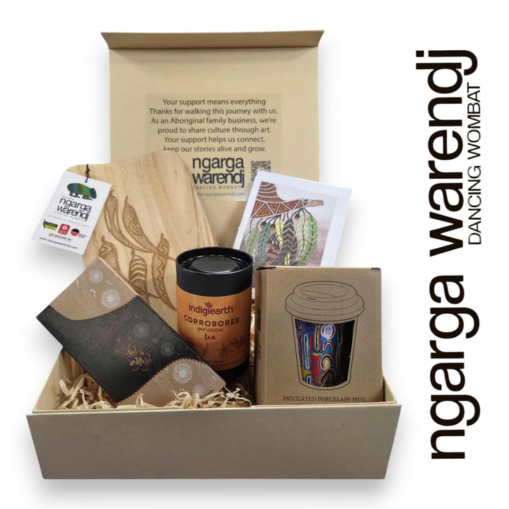 GUM LEAVES GIFT BOX HAMPER 2 - Rectangle Camphor Laurel Board - Keep Cup - Tea - Chocolate - Card
