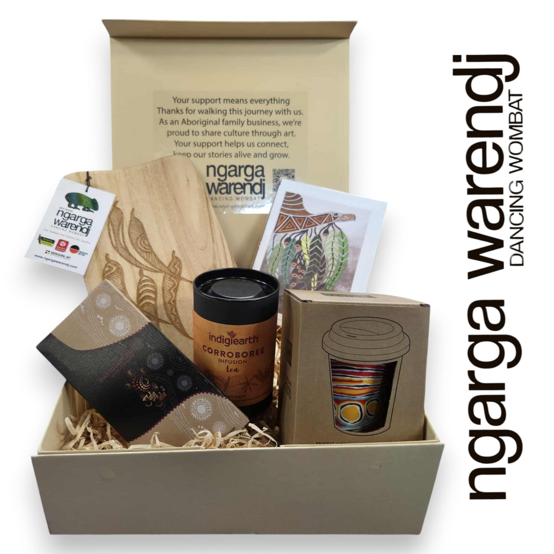 GUM LEAVES GIFT BOX HAMPER 2 - Rectangle Camphor Laurel Board - Keep Cup - Tea - Chocolate - Card