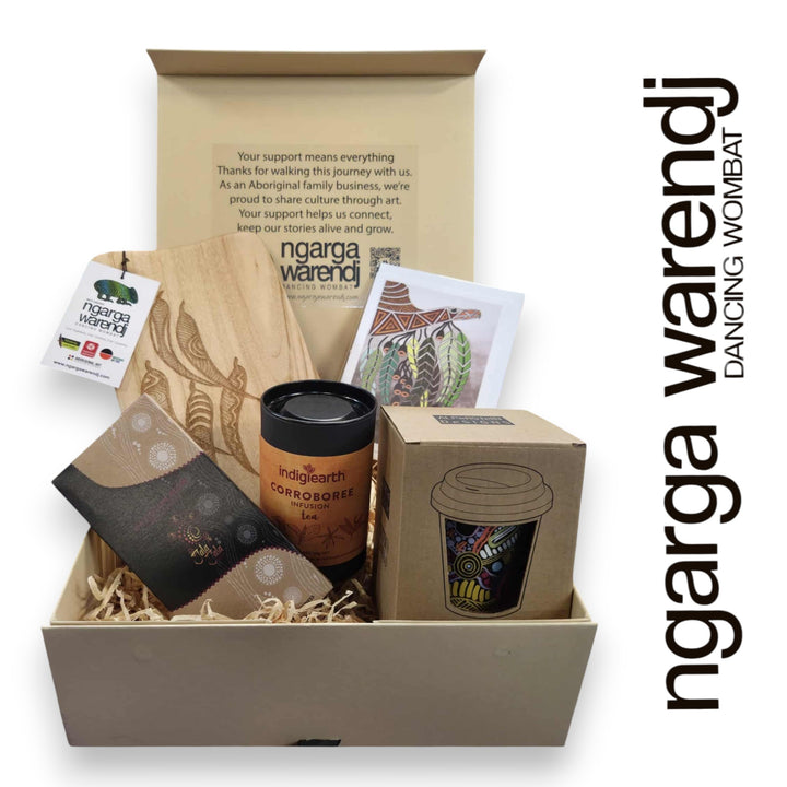 GUM LEAVES GIFT BOX HAMPER 2 - Rectangle Camphor Laurel Board - Keep Cup - Tea - Chocolate - Card