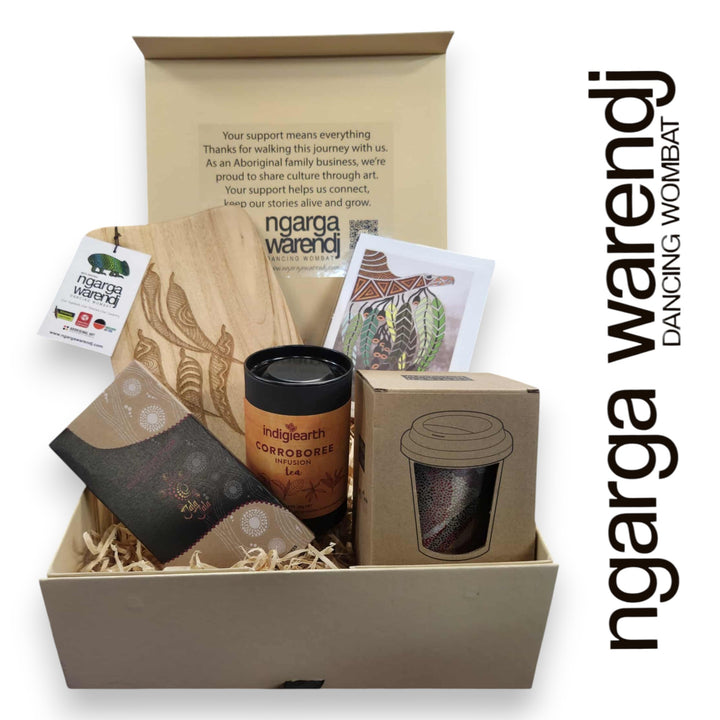 GUM LEAVES GIFT BOX HAMPER 2 - Rectangle Camphor Laurel Board - Keep Cup - Tea - Chocolate - Card