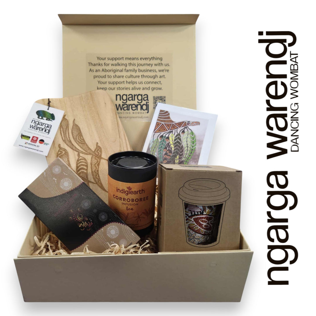 GUM LEAVES GIFT BOX HAMPER 2 - Rectangle Camphor Laurel Board - Keep Cup - Tea - Chocolate - Card