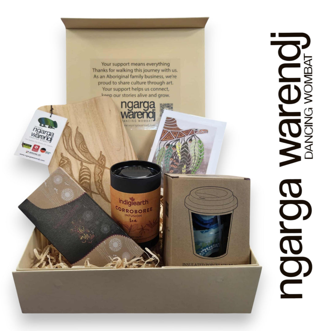 GUM LEAVES GIFT BOX HAMPER 2 - Rectangle Camphor Laurel Board - Keep Cup - Tea - Chocolate - Card