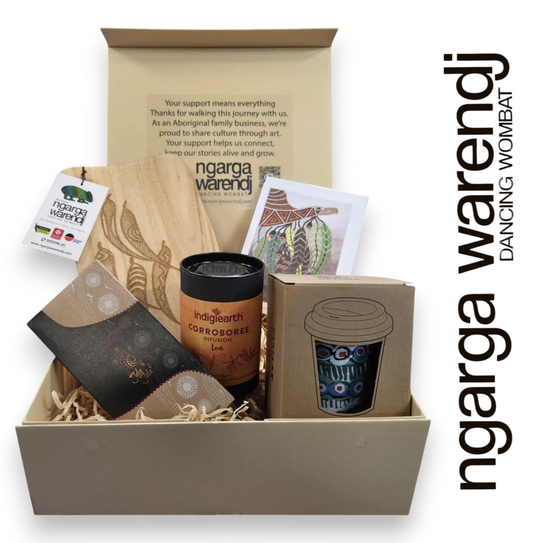 GUM LEAVES GIFT BOX HAMPER 2 - Rectangle Camphor Laurel Board - Keep Cup - Tea - Chocolate - Card