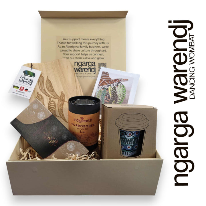 GUM LEAVES GIFT BOX HAMPER 2 - Rectangle Camphor Laurel Board - Keep Cup - Tea - Chocolate - Card
