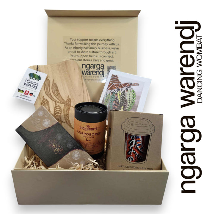 GUM LEAVES GIFT BOX HAMPER 2 - Rectangle Camphor Laurel Board - Keep Cup - Tea - Chocolate - Card