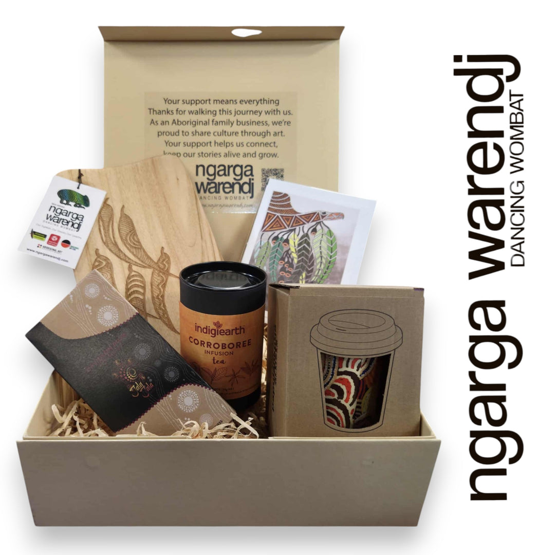 GUM LEAVES GIFT BOX HAMPER 2 - Rectangle Camphor Laurel Board - Keep Cup - Tea - Chocolate - Card