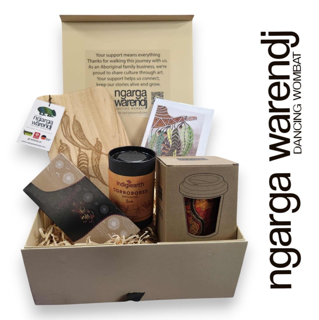 GUM LEAVES GIFT BOX HAMPER 2 - Rectangle Camphor Laurel Board - Keep Cup - Tea - Chocolate - Card