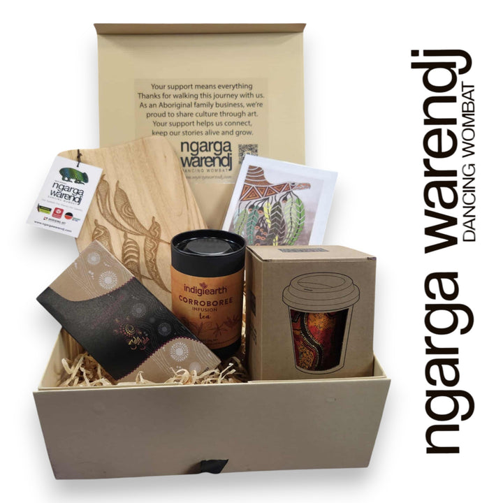GUM LEAVES GIFT BOX HAMPER 2 - Rectangle Camphor Laurel Board - Keep Cup - Tea - Chocolate - Card