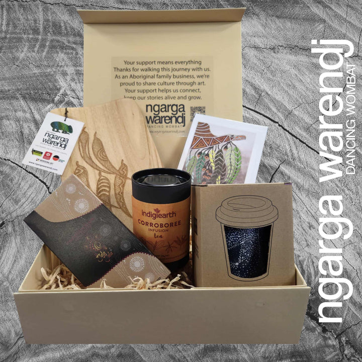 GUM LEAVES GIFT BOX HAMPER 2 - Rectangle Camphor Laurel Board - Keep Cup - Tea - Chocolate - Card