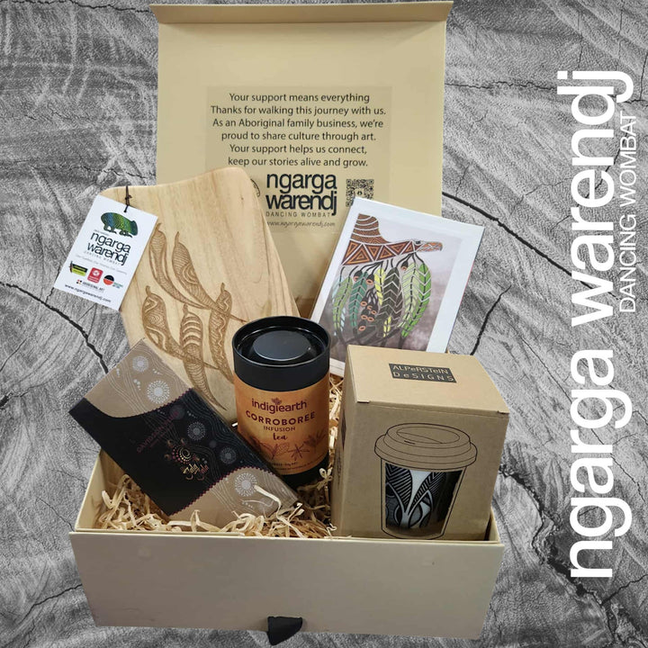 GUM LEAVES GIFT BOX HAMPER 2 - Rectangle Camphor Laurel Board - Keep Cup - Tea - Chocolate - Card