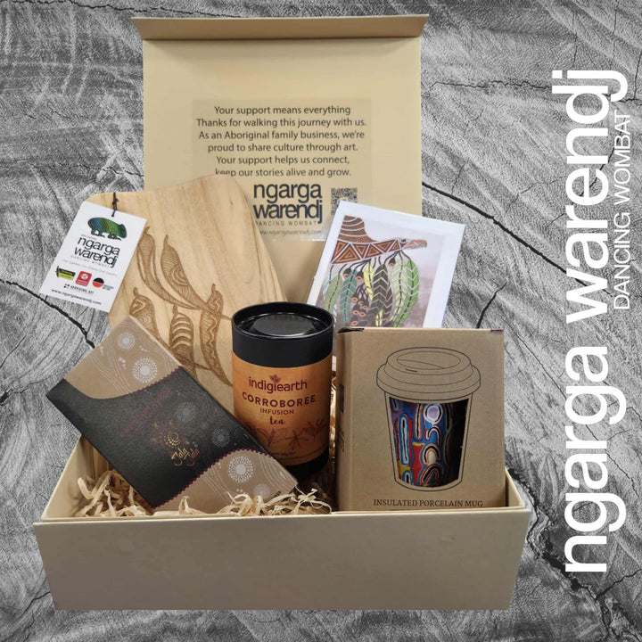 GUM LEAVES GIFT BOX HAMPER 2 - Rectangle Camphor Laurel Board - Keep Cup - Tea - Chocolate - Card