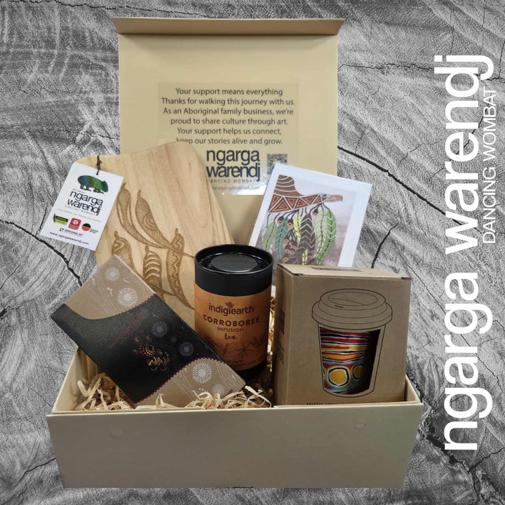 GUM LEAVES GIFT BOX HAMPER 2 - Rectangle Camphor Laurel Board - Keep Cup - Tea - Chocolate - Card