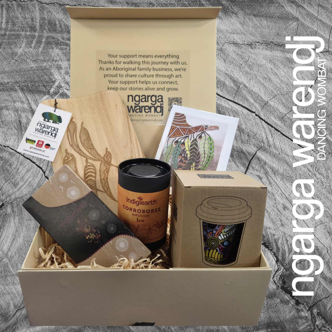 GUM LEAVES GIFT BOX HAMPER 2 - Rectangle Camphor Laurel Board - Keep Cup - Tea - Chocolate - Card