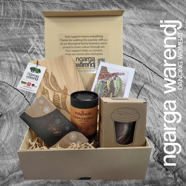 GUM LEAVES GIFT BOX HAMPER 2 - Rectangle Camphor Laurel Board - Keep Cup - Tea - Chocolate - Card