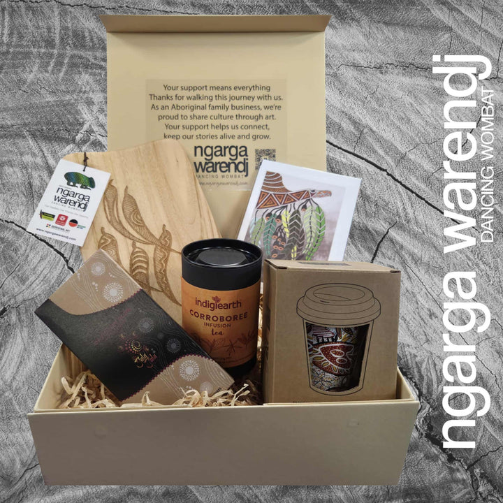 GUM LEAVES GIFT BOX HAMPER 2 - Rectangle Camphor Laurel Board - Keep Cup - Tea - Chocolate - Card