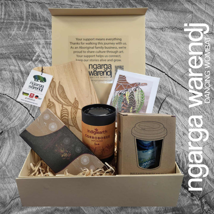 GUM LEAVES GIFT BOX HAMPER 2 - Rectangle Camphor Laurel Board - Keep Cup - Tea - Chocolate - Card