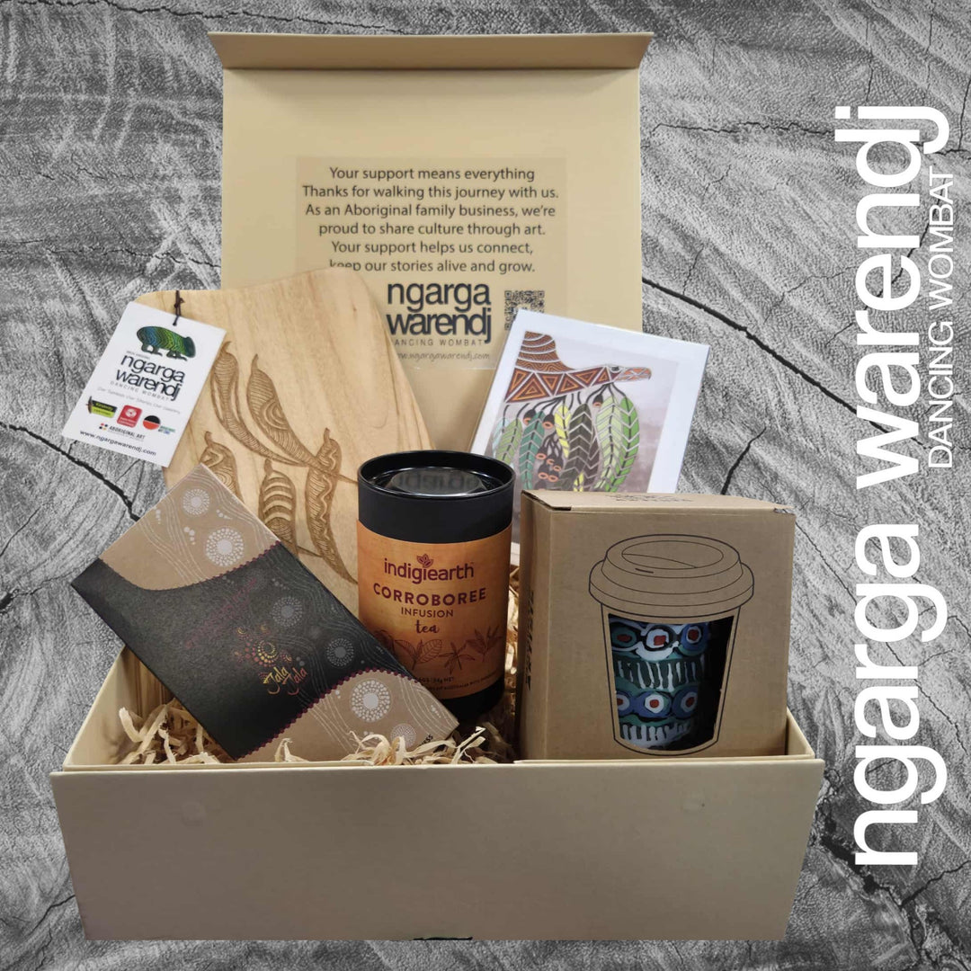 GUM LEAVES GIFT BOX HAMPER 2 - Rectangle Camphor Laurel Board - Keep Cup - Tea - Chocolate - Card