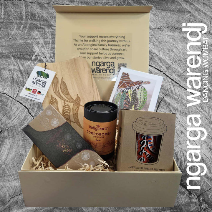 GUM LEAVES GIFT BOX HAMPER 2 - Rectangle Camphor Laurel Board - Keep Cup - Tea - Chocolate - Card